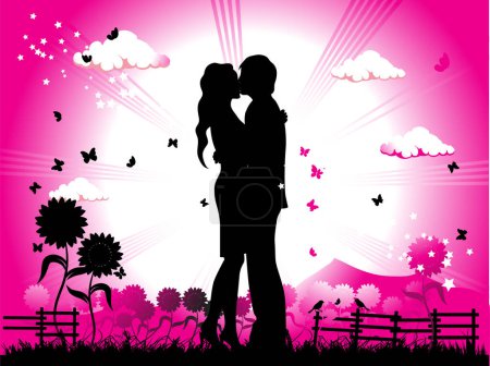 Téléchargez les illustrations : Couple baisers sur une prairie, silhouette noire - en licence libre de droit