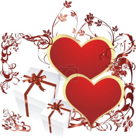 Téléchargez les illustrations : Coeurs rouges avec des boîtes-cadeaux et un ornement végétatif - en licence libre de droit