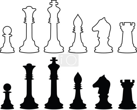 Illustration for Chessmen, black and white contours. A vector illustration. It is isolated on a white background. - Royalty Free Image