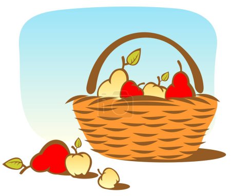Téléchargez les illustrations : Panier de dessin animé avec des pommes et des poires sur un fond de ciel. - en licence libre de droit