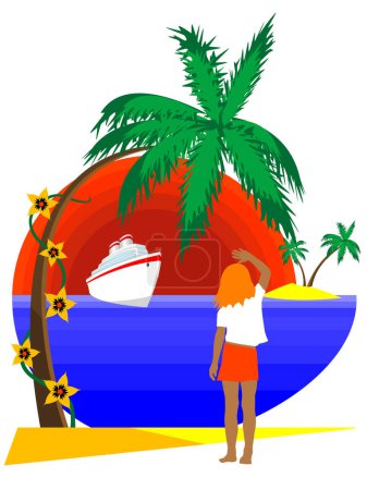 Illustration for The girl on tropical island meets the ship in a vector - Royalty Free Image