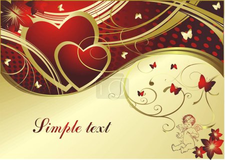 Illustration for Pair of red hearts with butterflies, the cupid and the block for the text - Royalty Free Image