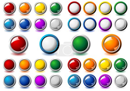 Téléchargez les illustrations : Costume de boutons ronds d'interface avec différentes couleurs et cadre métallique sur fond blanc - en licence libre de droit