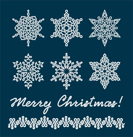 Illustration for Unique snowflakes with complex interlacings. The text " Merry Christmas " and border are executed in the same style - Royalty Free Image