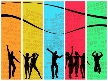 Ilustración de Imagen vectorial de 5 bailarines sobre un fondo multicolor - Imagen libre de derechos