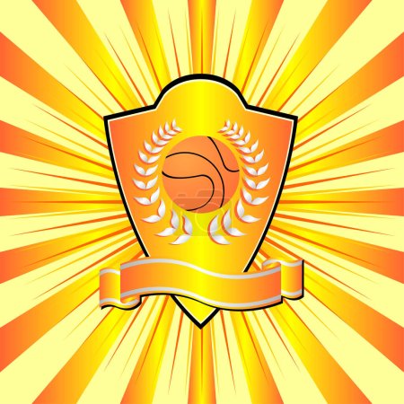 Ilustración de Tema escudo de baloncesto sobre fondo rayado colorido - Imagen libre de derechos