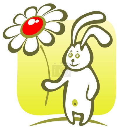 Ilustración de Conejo alegre de dibujos animados con flor sobre un fondo verde. - Imagen libre de derechos