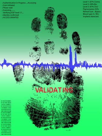 Illustration for Hand palces on a biometric scanner - authenticating for access - Royalty Free Image