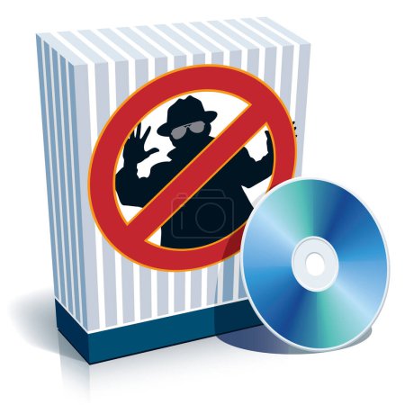 Illustration for Blue blank 3d box with anti-spy sign and CD. - Royalty Free Image