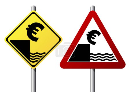 Téléchargez les illustrations : Baisse monétaire de l'euro représentée par les panneaux de signalisation - en licence libre de droit
