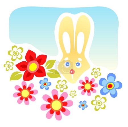 Illustration for Cartoon rabbit with flowers on a blue background. - Royalty Free Image
