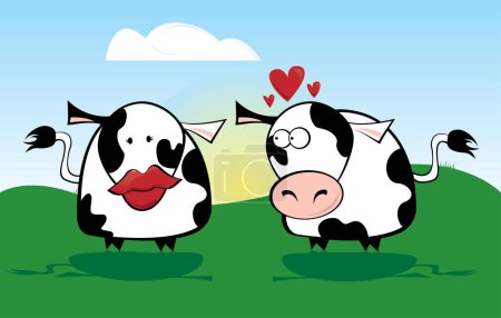 Illustration for Two cows in meadow - Male staring at female with large lips - Royalty Free Image