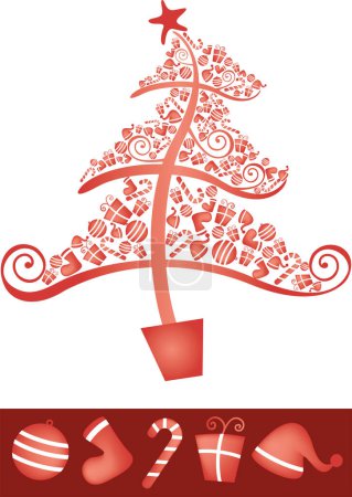 Téléchargez les illustrations : Arbre de Noël rouge avec ornements - en licence libre de droit