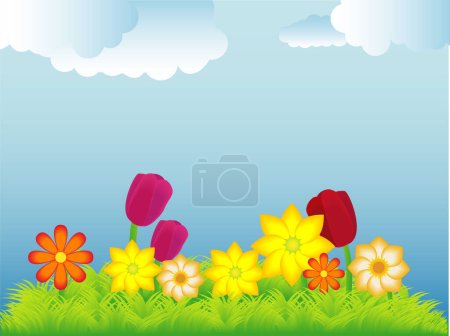 Téléchargez les illustrations : Illustration vectorielle de fleurs printanières et d'herbe sur un fond nuageux - en licence libre de droit