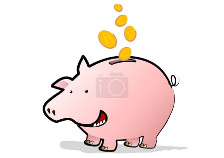 Ilustración de Una alcancía feliz ahorrando monedas cayendo por el aire - Imagen libre de derechos