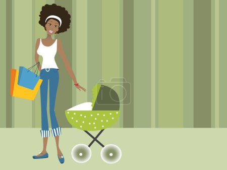 Illustration for Black woman holding shopping bags with her baby - Royalty Free Image