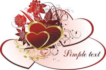Illustration for Two hearts in a gold frame against a vegetative ornament with the block for the text - Royalty Free Image
