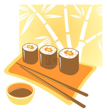 Ilustración de La plancha de los rollos japoneses, los palillos y la salsa de soja sobre el fondo amarillo. - Imagen libre de derechos