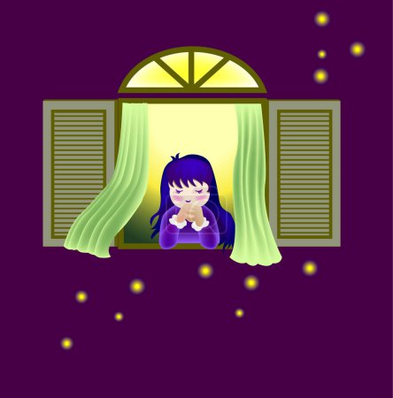 Téléchargez les illustrations : Une illustration vectorielle pour une petite fille prie à côté de la fenêtre et quelques lucioles dehors. - en licence libre de droit
