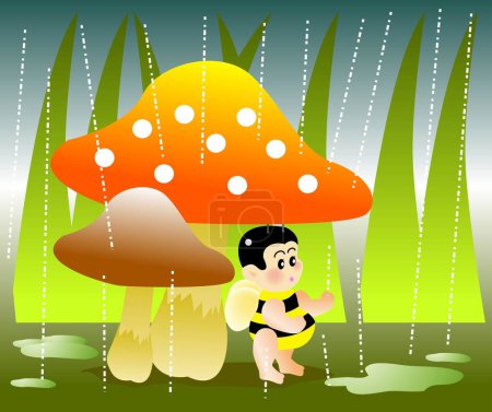 Téléchargez les illustrations : Illustration vectorielle pour une peau de bébé abeille sous un champignon pour le jour de pluie - en licence libre de droit