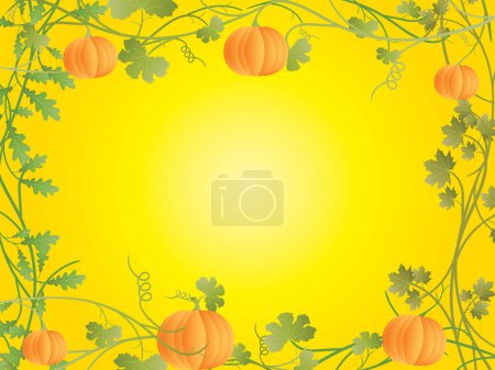 Illustration for Vector floral frame with pumpkin on yellow background. - Royalty Free Image