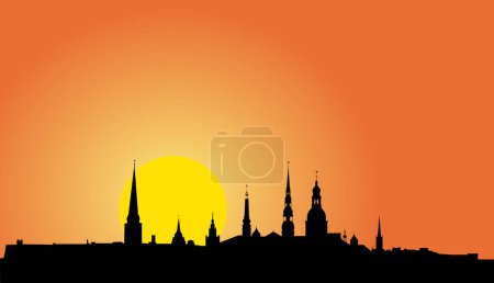 Téléchargez les illustrations : Illustration vectorielle de la silhouette panoramique du Vieux Riga au lever du soleil - en licence libre de droit