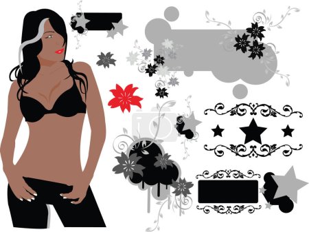 Illustration for Vectorized design elements and a sexy woman with long, black hair, with hands on hip. - Royalty Free Image