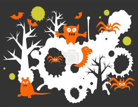 Téléchargez les illustrations : Monstres et motif grunge sur fond noir. Illustration Halloween. - en licence libre de droit