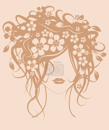 Téléchargez les illustrations : Belle fille avec des fleurs en illustration vectorielle de cheveux - en licence libre de droit