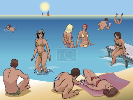 Téléchargez les illustrations : Belle plage pleine de gens bronzant, nageant et s'amusant - en licence libre de droit