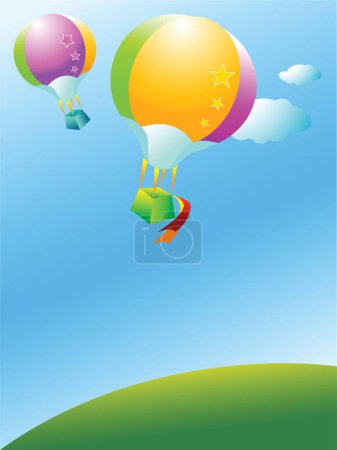 Téléchargez les illustrations : Deux ballons colorés survolant une colline verdoyante - en licence libre de droit