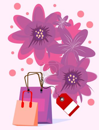 Illustration for A floral background with shopping bag and a tag for sale - Royalty Free Image