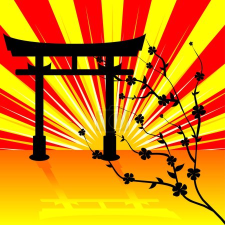 Téléchargez les illustrations : Silhouette de porte Torii sur fond rayé coloré - en licence libre de droit