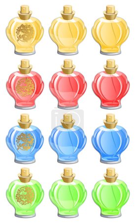 Téléchargez les illustrations : Flacons de parfum en différentes couleurs isolés sur blanc - en licence libre de droit