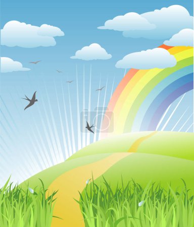 Téléchargez les illustrations : Herbe, oiseaux et paysage arc-en-ciel / vecteur - en licence libre de droit