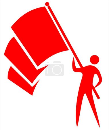 Téléchargez les illustrations : Symbole de personne rouge avec drapeau dans les mains isolé sur un fond blanc. - en licence libre de droit