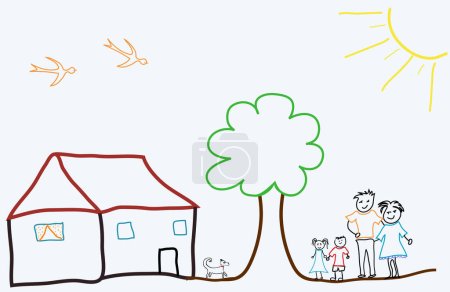 Téléchargez les illustrations : Dessin d'enfant reprensting une famille heureuse avec les parents et les enfants - en licence libre de droit