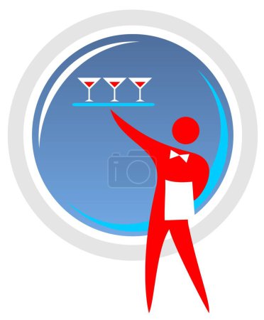 Téléchargez les illustrations : Serveur stylisé avec un verre à vin sur un plateau. - en licence libre de droit