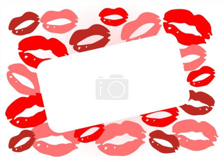 Téléchargez les illustrations : Le cadre blanc sur un fond d'empreintes de lèvres. Illustration de Saint Valentin. - en licence libre de droit