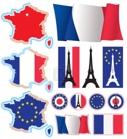Ilustración de Colección de elementos de diseño nacional francés, vector. El mapa base es del sitio web de la Agencia Central de Inteligencia. - Imagen libre de derechos