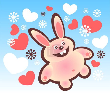 Illustration for Cartoon happy rabbit and hearts on a blue background. - Royalty Free Image