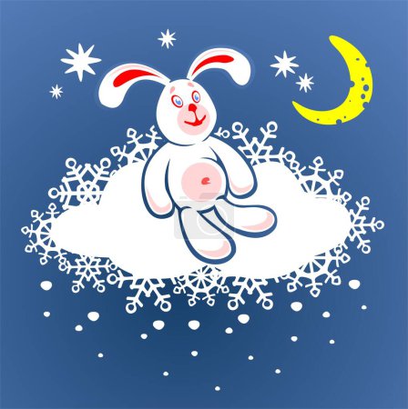 Illustration for Cheerful rabbit and cloud on a background of the star sky. Digital illustration. - Royalty Free Image