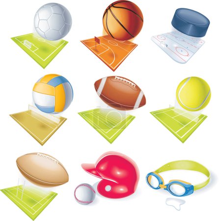 Illustration for Detailed soccer, football, basketball, volleyball, rugby, hockey, swimming, basebal and tennis equipment with sport fields - Royalty Free Image
