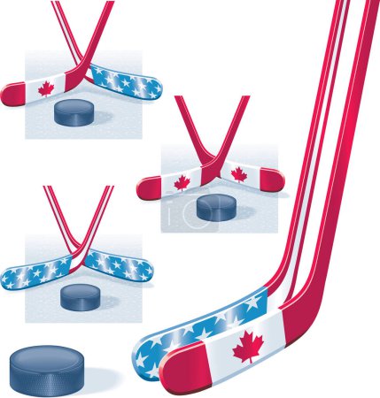 Illustration for Hockey sticks in USA and Canada flag colors and puck - Royalty Free Image