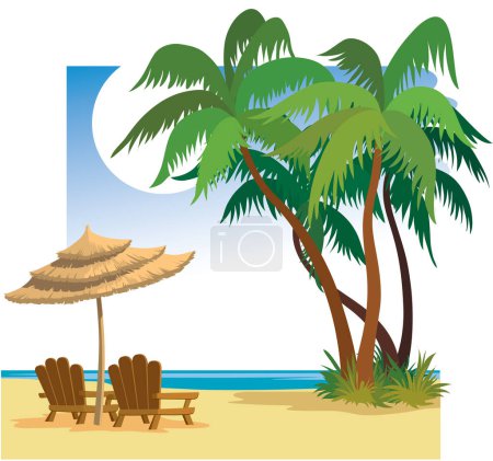 Illustration for Summer beach, palm trees, sea, chairs and umbrella. - Royalty Free Image