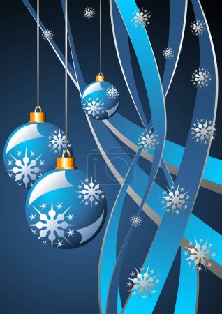 Illustration for Snow crystals Christmas balls and ribbons over blue - Royalty Free Image