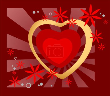Illustration for Ornate heart and flowers on a claret striped background. Valentine's illustration. - Royalty Free Image