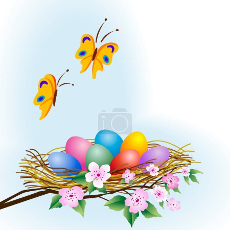 Illustration for Easter eggs in the nest on branches of cherry tree with butterflies flying above. - Royalty Free Image