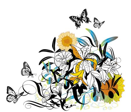 Téléchargez les illustrations : Fond floral abstrait avec des lis et des papillons - en licence libre de droit