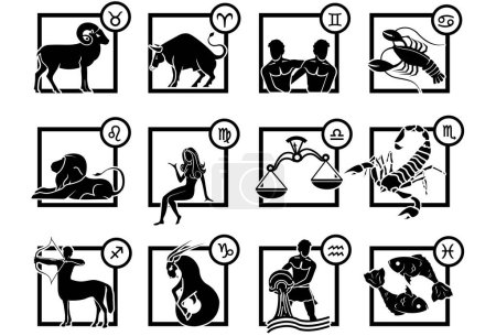 Téléchargez les illustrations : Ensemble d'icônes du zodiaque - douze signes astrologiques - en licence libre de droit